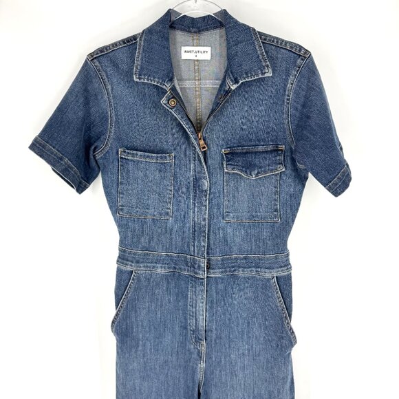Rivet Utility Rebel Short Sleeve Denim Jumpsuit Stone Wash Blue Size Small - Picture 3 of 13